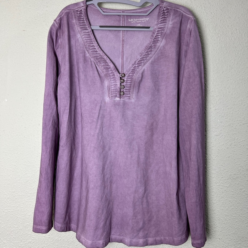Soft Summer Old Rose Split-Neck Box Pleat Long Sleeve Tee